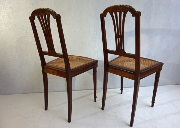 Antique, French, Louis, XVI, revival, mahogany, side, chairs, bronze, ornaments